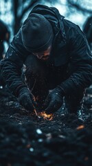 Poster - A person in a black jacket and gloves tinkers with a piece of metal, perhaps for repair or modification