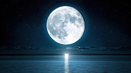 Poster - Dark sky concept. A bright full moon illuminating the serene water surface at night.