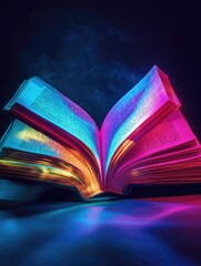 Poster - An open book illuminated by a vibrant glow, suitable for use in educational or inspirational settings