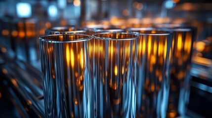 Aufkleber - In a modern manufacturing facility, glass tubes are being produced under automated systems that enhance efficiency. The warm lights reflect off the polished surfaces, showcasing advanced technology.