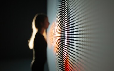 Fototapete - Woman Silhouette Against Illuminated Grid with Red and Orange Light