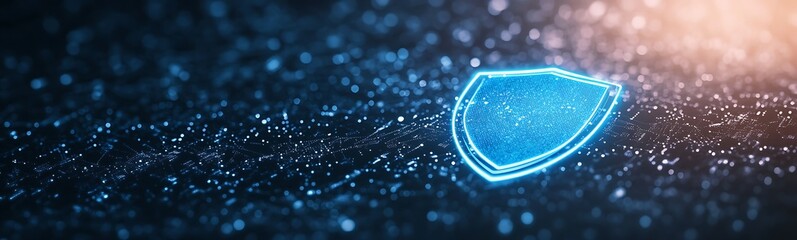 Poster - Digital shield icon glowing against a dark background with particles of light.