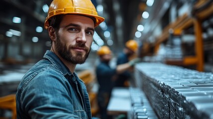 Poster - A manufacturing professional, wearing a hard hat, focuses on tasks in a bustling factory. Workers are engaged in steel and aluminum processing, highlighting automation in engineering.