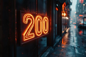 Aufkleber - A bright neon sign reading 200 attached to the side of a building, perfect for use in advertising or commercial settings