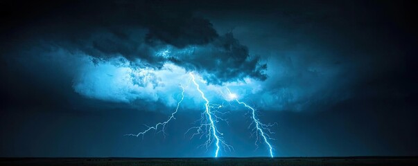 Poster - Dark sky concept. Dynamic lightning strikes illuminate a dark stormy sky over calm waters.