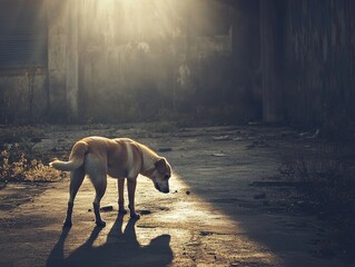 Poster - A dog stands alone on a dirt road, possibly lost or waiting for its owner