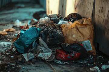 Poster - A pile of garbage sits next to a urban wall, perfect for depicting neglect or abandonment in an image