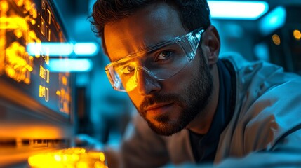 Aufkleber - A technician in safety glasses inspects complex automation controls in a steel production facility. The environment is illuminated with a warm glow, highlighting intricate machinery.