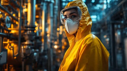 Aufkleber - A worker in a yellow protective suit and mask monitors automated equipment in a petrochemical refinery. The facility showcases advanced synthesis and processing technologies for chemical production.