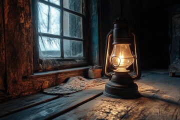 Poster - A lantern sitting on the wooden floor next to a window, suitable for use in still life or interior design photography