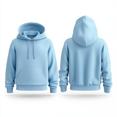 Elegant sky blue hoodie, premium minimalist design, detailed 3D product mockup with both views on a white background