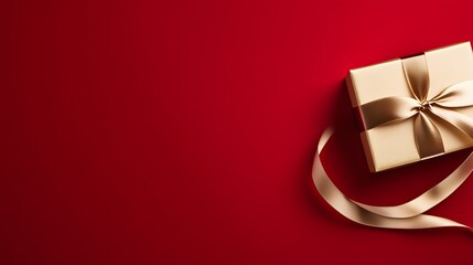 Poster - Golden gift box with a ribbon on a vibrant red background.