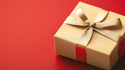 Poster - Gift box with a gold ribbon on a vibrant red background.