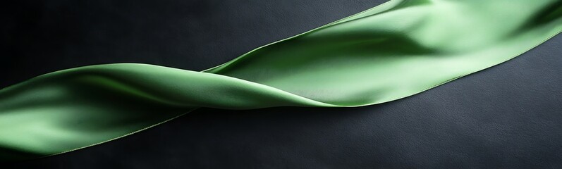 Poster - Elegant green fabric ribbon flowing gracefully on a dark background.
