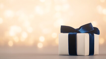 Poster - A small white gift box with a blue ribbon against a blurred warm background.