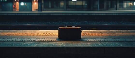 Poster - A suitcase sits on a platform at a train station, ready for travel