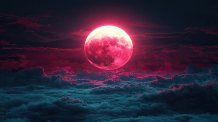 Poster - Dark sky concept. A surreal view of a pink moon rising above cloudy skies at night.