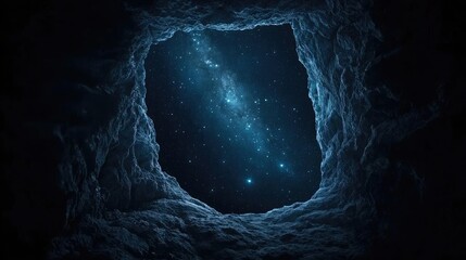 Poster - Dark sky concept. A mesmerizing view of a galaxy through a dark, rocky cave, showcasing the cosmos.