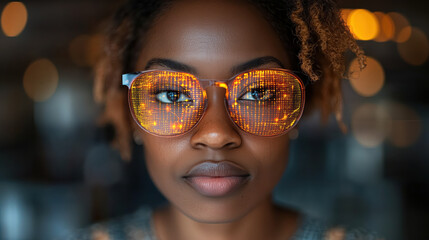 Poster - woman wearing futuristic glasses with digital interface reflecting data and lights