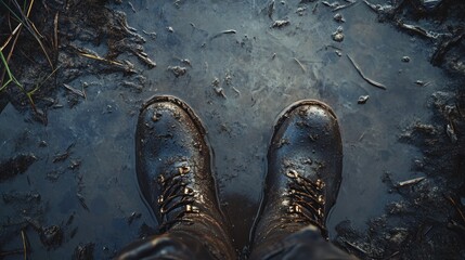 Poster - A person standing in a muddy puddle, with dirty clothes and messy hair