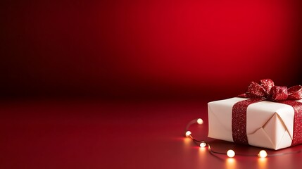 Poster - Gift box with red ribbon on a festive red background, perfect for holiday themes.