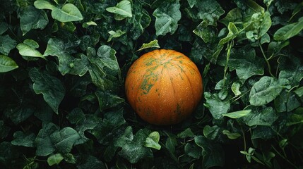 Poster - A bright orange sitting atop a vibrant green field, perfect for use in nature or food-related compositions