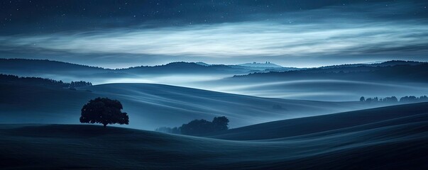 Poster - Dark sky concept. Serene twilight landscape with gentle hills and a solitary tree under a starry sky.