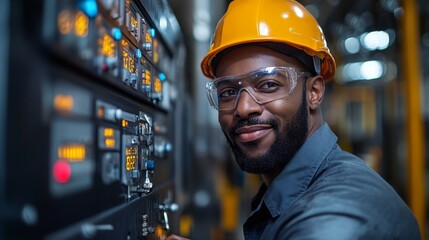 Aufkleber - Technician in safety gear operates an automated control panel at a manufacturing site, overseeing processes in a busy industrial environment. Focused on ensuring optimal performance.