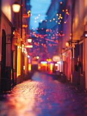 Poster - Nighttime scene of a bustling city street with numerous bright lights and active traffic