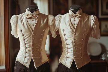Poster - Two male mannequins showcasing formal attire, posed in front of a mirror