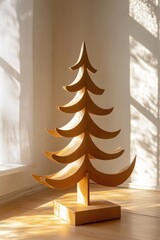 Aufkleber - A traditional wooden Christmas tree sits atop a hardwood floor, ready for decorating