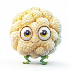 Tiny cheerful cauliflower with big round eyes, isolated on clear white background