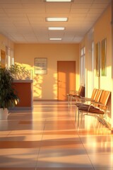 Poster - A long hallway with chairs and a potted plant, ideal for office or home decor