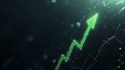 Fototapete - Green upward arrow indicating growth on a dark digital background.