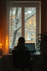 Poster - A person sits at a desk in front of a window, likely working from home