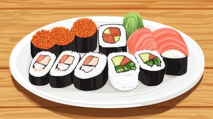 Poster - Sushi plate featuring spicy tuna and assorted rolls on a wooden table in a tranquil dining setting