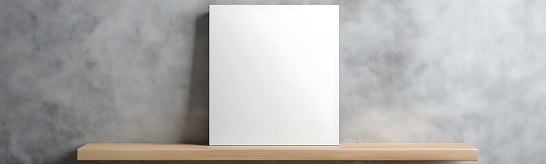 Poster - Blank canvas on wooden shelf against a textured wall background.