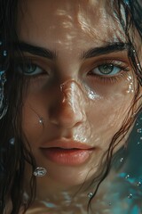 Poster - A close-up view of a woman's face submerged in water, possibly swimming or underwater photography