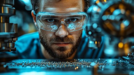 Poster - A technician wearing protective eyewear inspects small metal components in a manufacturing environment.