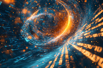 Captivating 3D visual of abstract tech with binary code moving in a dynamic space.