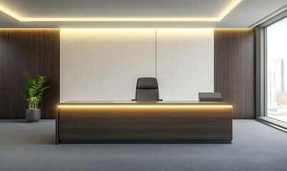 Fototapete - Modern office reception area with sleek furniture and large windows.