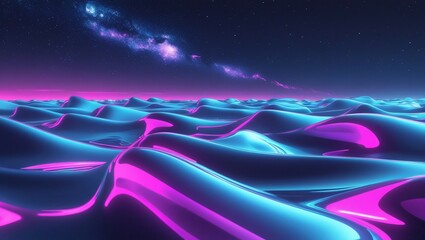 Leinwandbilder - A futuristic landscape filled with smooth, flowing neon waves in electric blue and magenta, stretching infinitely across a dark cosmic horizon.