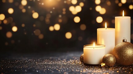 Aufkleber - Warm candles glow amidst a festive, sparkling background of golden bokeh lights.