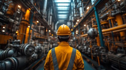 Fototapete - A worker in a yellow hard hat and reflective gear stands in a large petrochemical refinery, observing intricate machinery and automated processes. The facility is bustling with industrial activity.