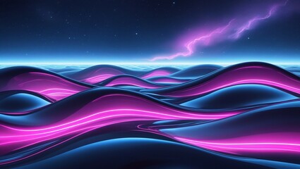 Leinwandbilder - A futuristic landscape filled with smooth, flowing neon waves in electric blue and magenta, stretching infinitely across a dark cosmic horizon.