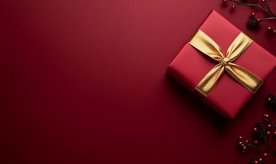 Poster - Gift box with gold ribbon on a red background, perfect for celebrations.