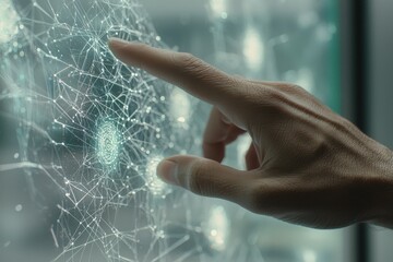 Poster - Close-up of a hand interacting with a complex network interface, showcasing artificial intelligence, data analysis, and futuristic technology in a digital world.