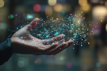 Poster - A human hand holding a glowing network of interconnected points and lines, symbolizing data, technology, and global connectivity against a blurred background.