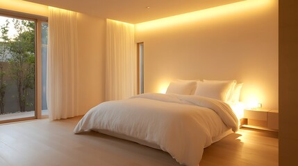 Poster - Bright, minimalist bedroom with natural light and soft textures creating a serene atmosphere.