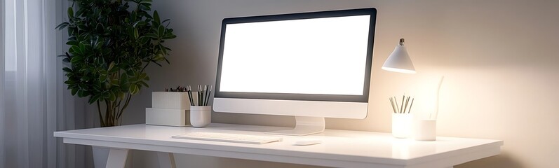 Poster - Minimalistic workspace with a computer, lamp, and greenery, promoting productivity and creativity.